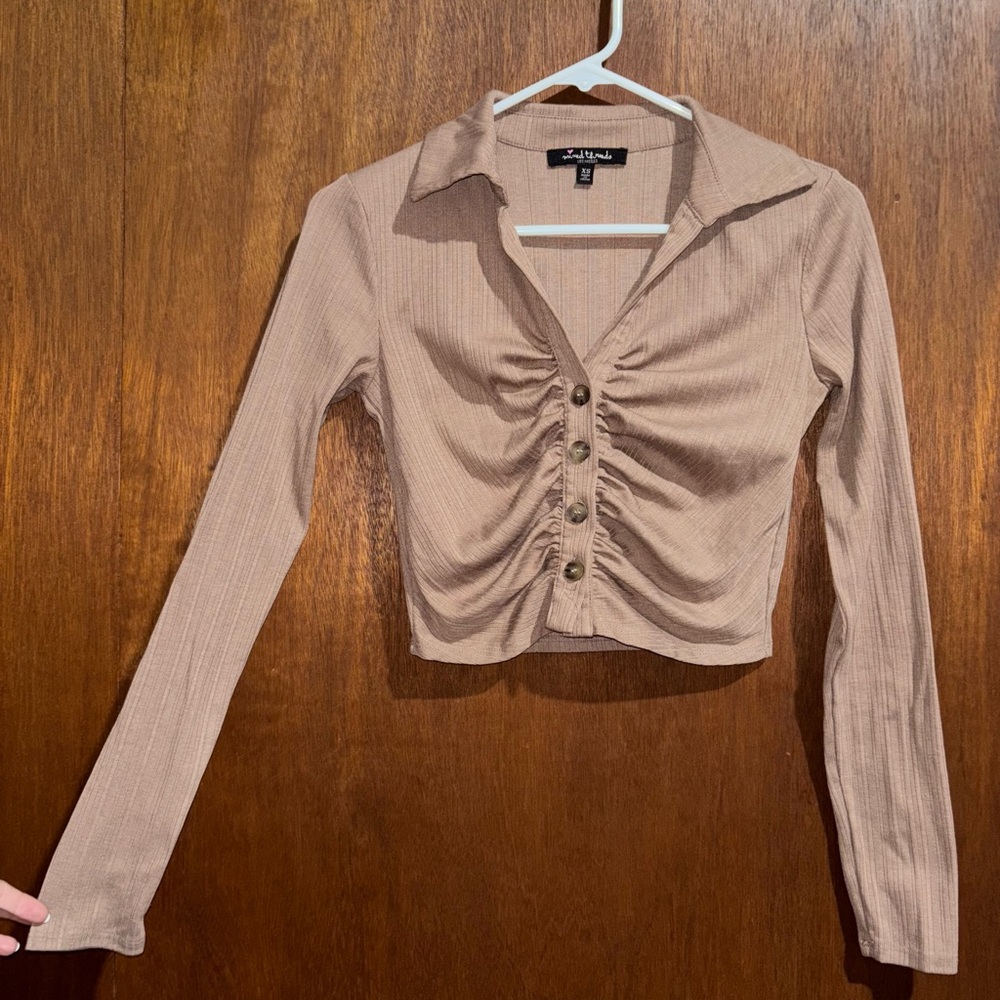 Tan Ruched Button-Up Long Sleeve Blouse
